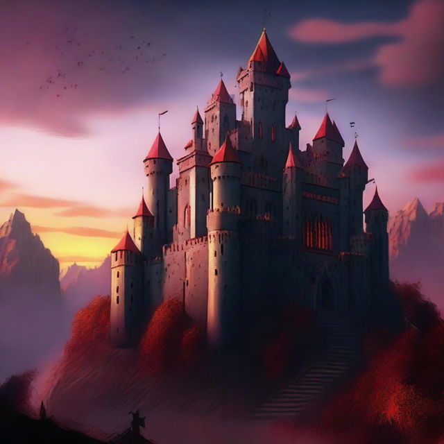 Generate an image of a massive castle situated in a hellish landscape