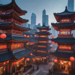 An Orientpunk cityscape with a blend of futuristic high-tech architecture and traditional Asian elements like pagodas, red lanterns, and bustling night markets