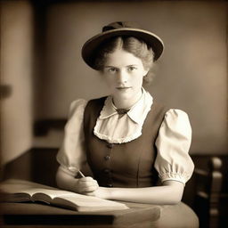 Create a sepia-toned book cover image featuring a schoolmistress