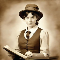 Create a sepia-toned book cover image featuring a schoolmistress