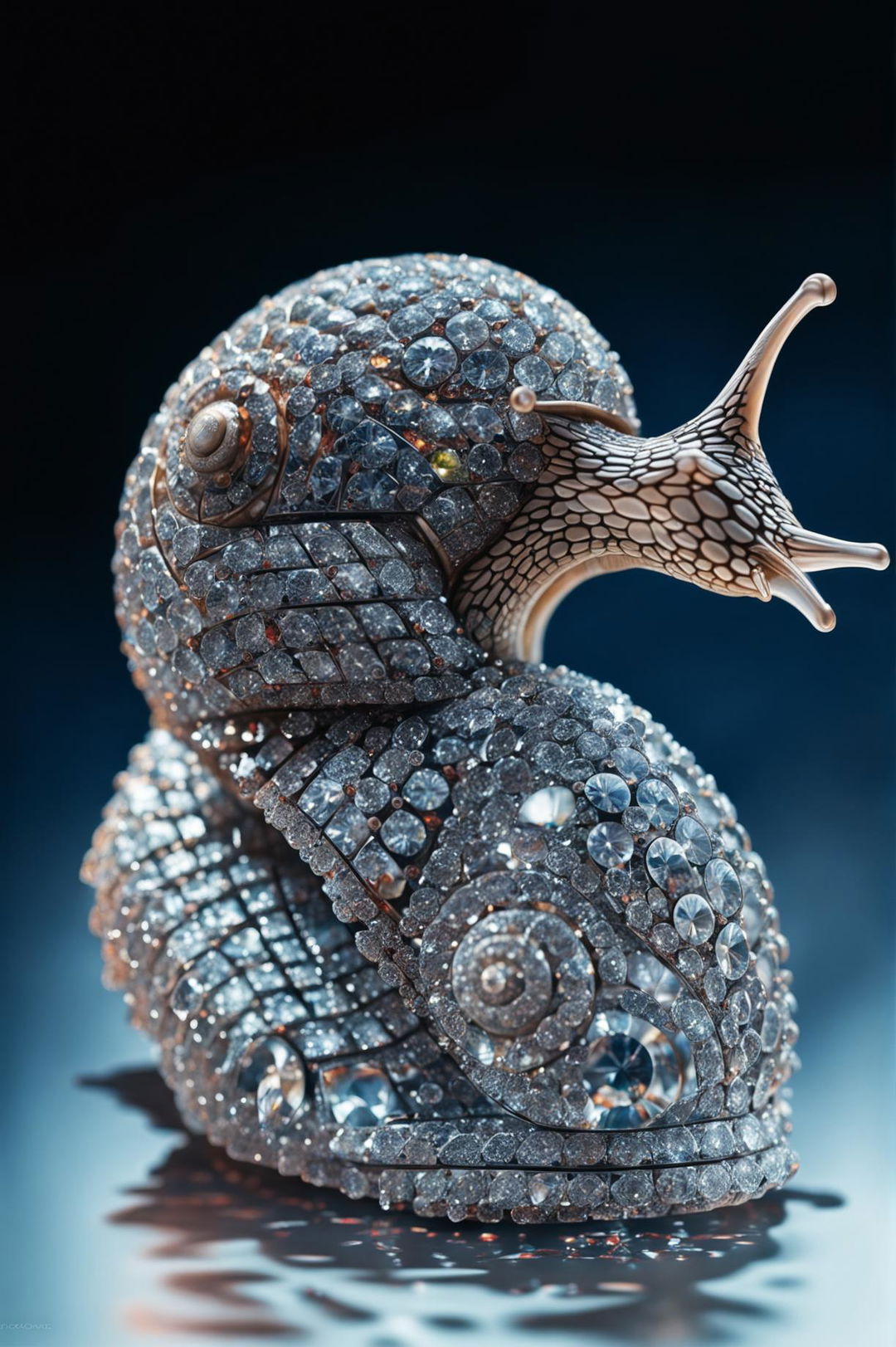 A high-definition image of a realistic snail sculpture made out of diamonds