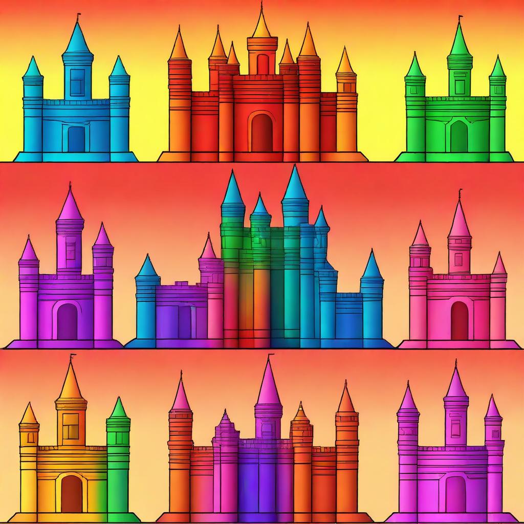 Generate an image of seven colorful castles, each of a different color. All the castles should be situated in a fiery hell.