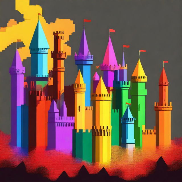 Generate an image of seven colorful castles, each of a different color. All the castles should be situated in a fiery hell.