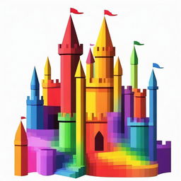 Generate an image of seven colorful castles, each of a different color. All the castles should be situated in a fiery hell.