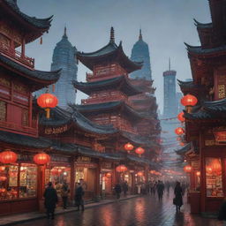 An Orientpunk cityscape with a blend of futuristic high-tech architecture and traditional Asian elements like pagodas, red lanterns, and bustling night markets