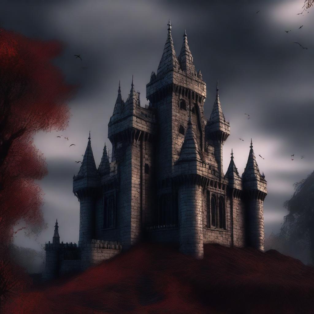 Generate an image of a Gothic-style castle situated in a hellish landscape.