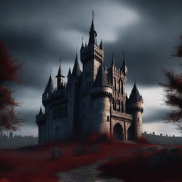 Generate an image of a Gothic-style castle situated in a hellish landscape.