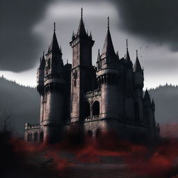 Generate an image of a Gothic-style castle situated in a hellish landscape.