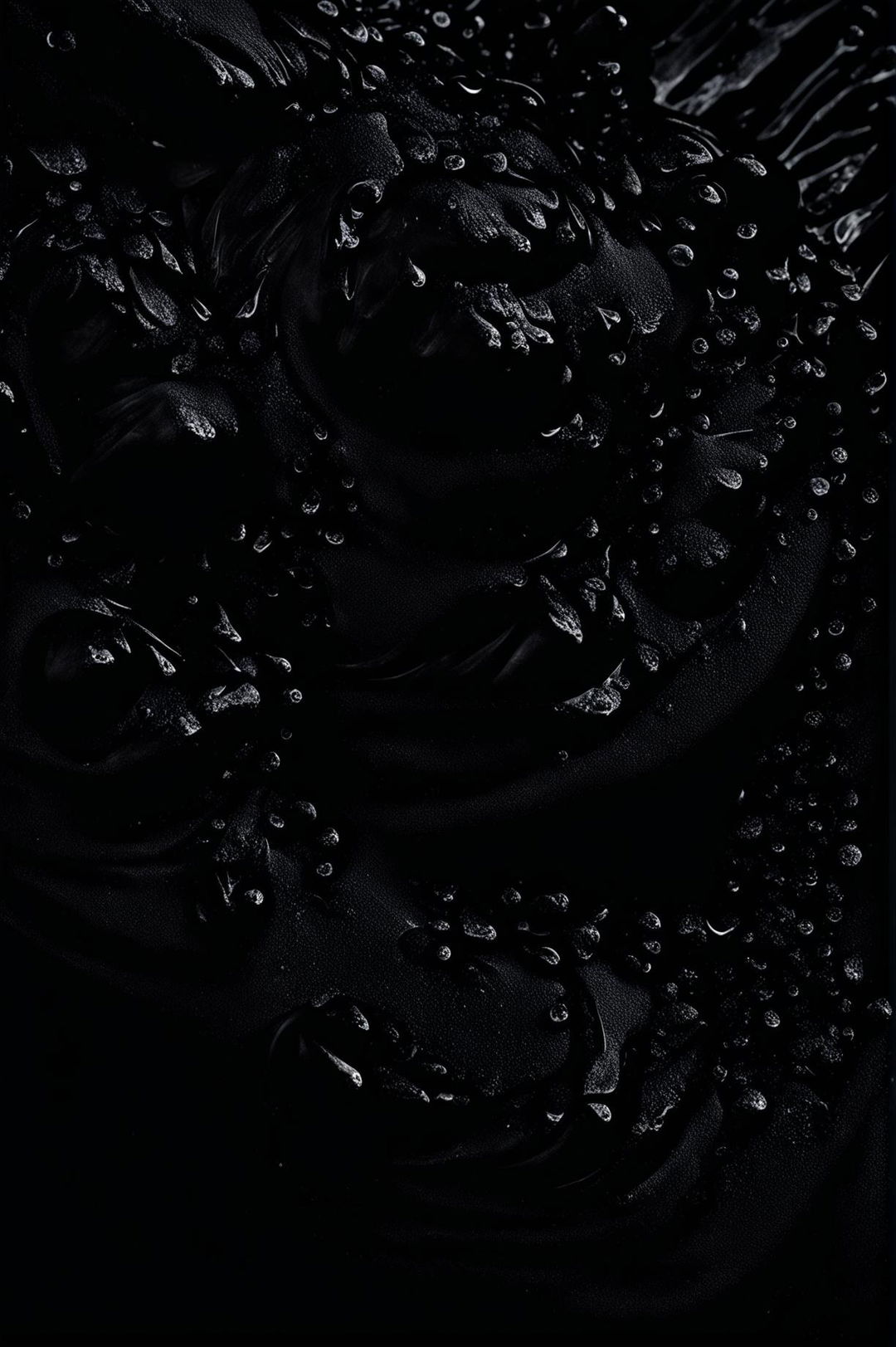 An ultra high-definition, ultra close-up image of a barely visible river of thick ink in an overwhelmingly dark setting.