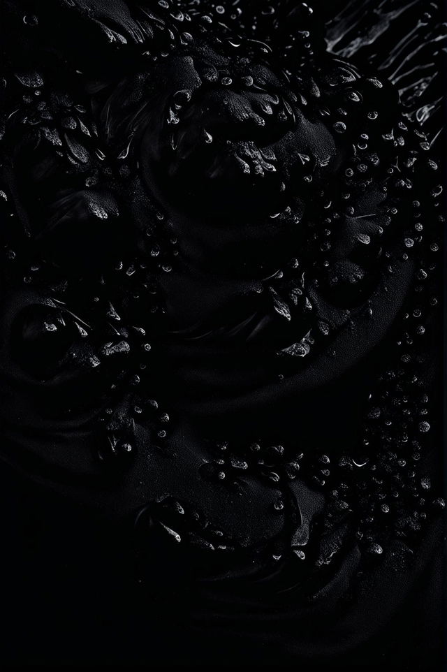 An ultra high-definition, ultra close-up image of a barely visible river of thick ink in an overwhelmingly dark setting.