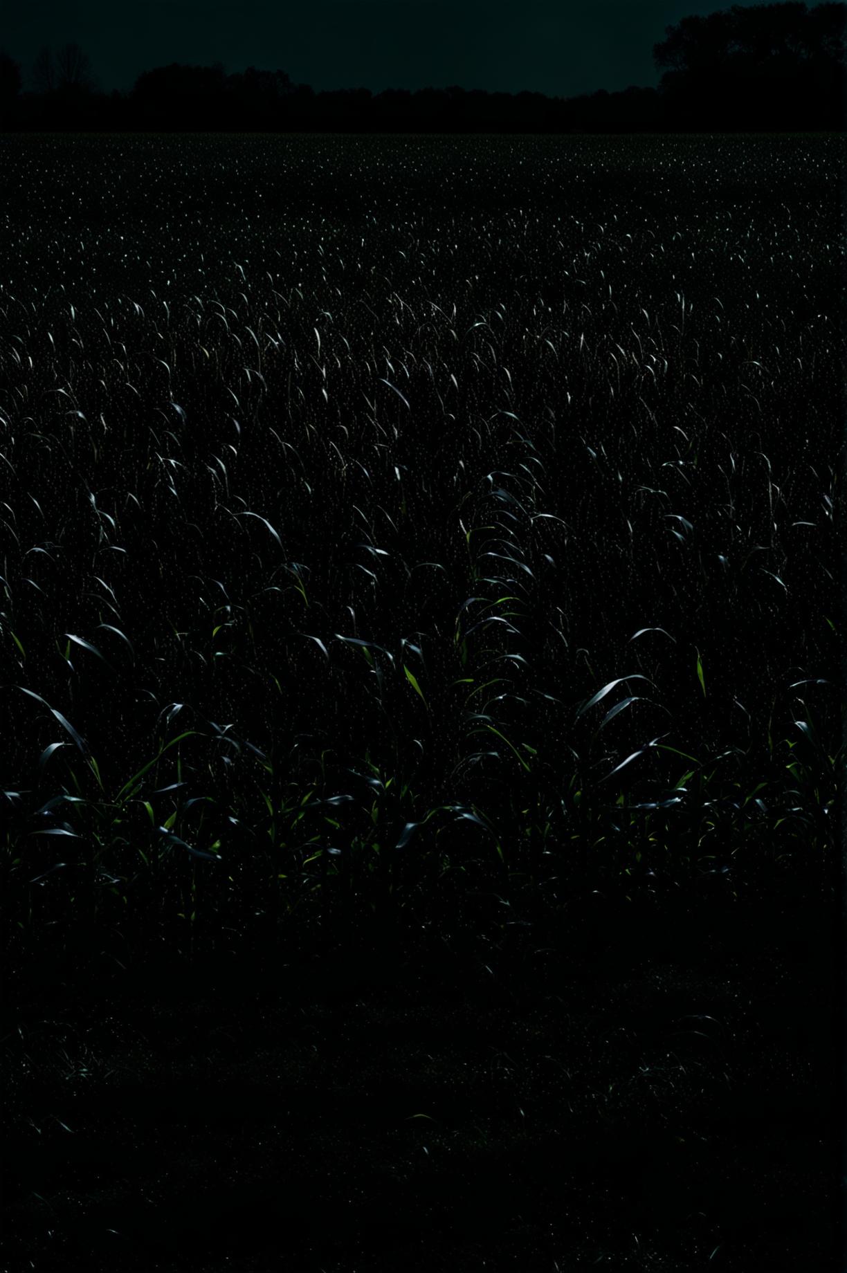 A high-definition image of a corn field, barely visible in a pitch black setting, creating an eerie and mysterious atmosphere