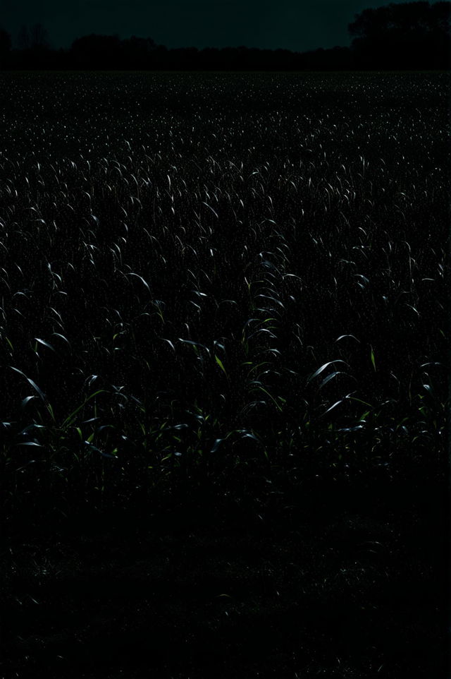 A high-definition image of a corn field, barely visible in a pitch black setting, creating an eerie and mysterious atmosphere