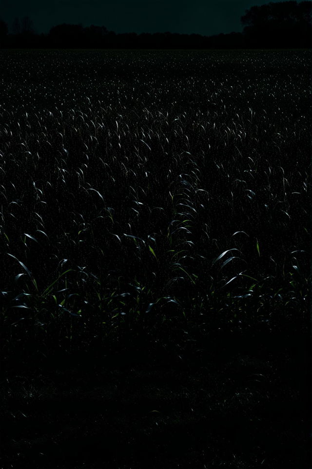 A high-definition image of a corn field, barely visible in a pitch black setting, creating an eerie and mysterious atmosphere