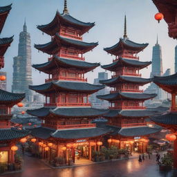 An Orientpunk cityscape with a blend of futuristic high-tech architecture and traditional Asian elements like pagodas, red lanterns, and bustling night markets