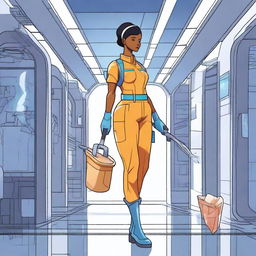 Create an image of a female space janitor