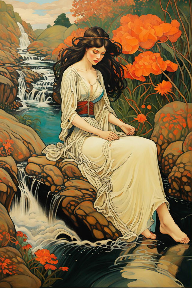 An art nouveau style painting of a woman sitting by a river with her feet in the water