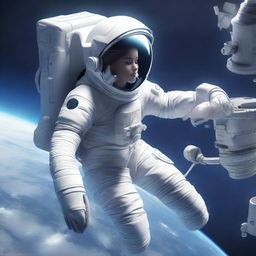 Generate a stylized image of a female janitor in a spacesuit