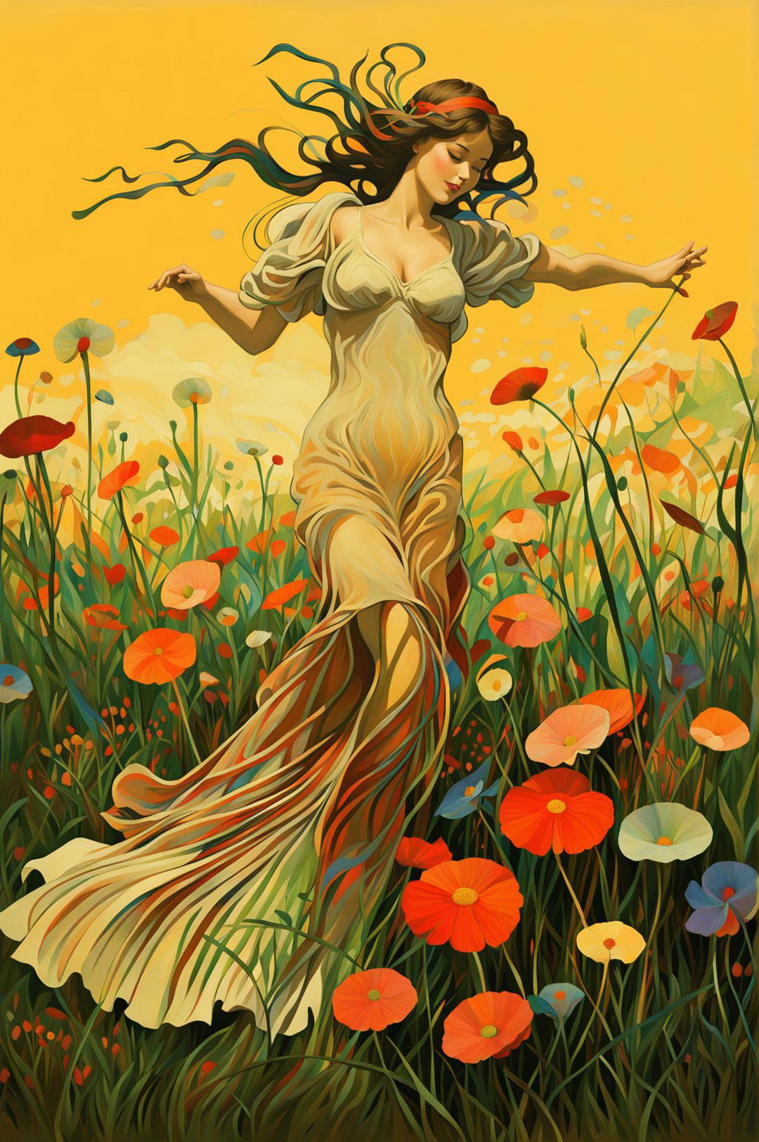 An art nouveau style painting of a woman dancing joyfully in a meadow filled with wildflowers and tall grasses