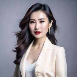 An elegant Asian woman with a confident aura, dressed in a stylish and trendy outfit.