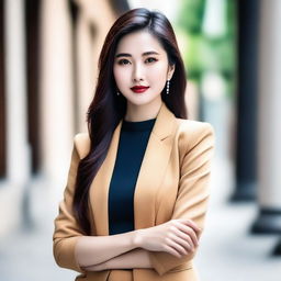 An elegant Asian woman with a confident aura, dressed in a stylish and trendy outfit.