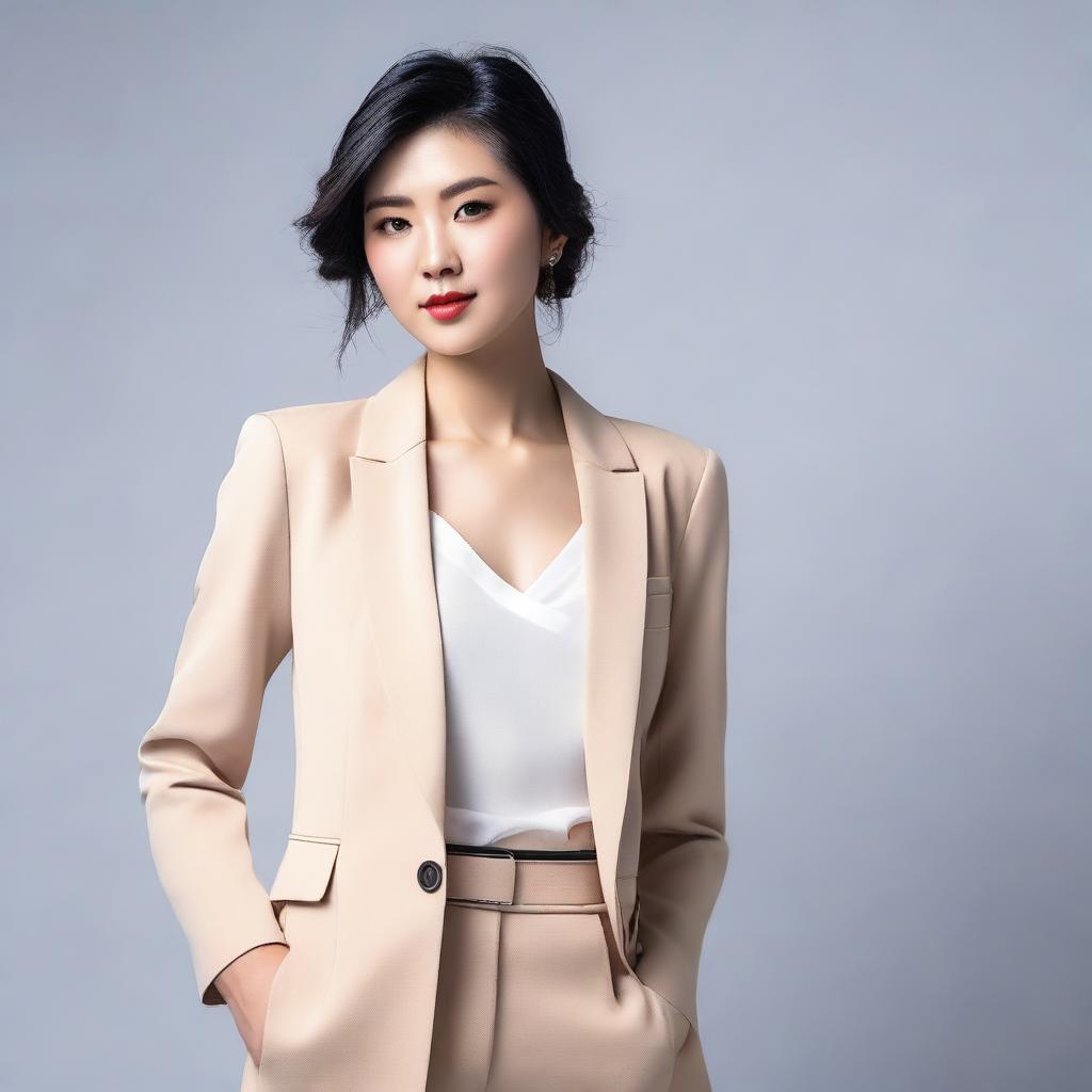 An elegant Asian woman with a confident aura, dressed in a stylish and trendy outfit.