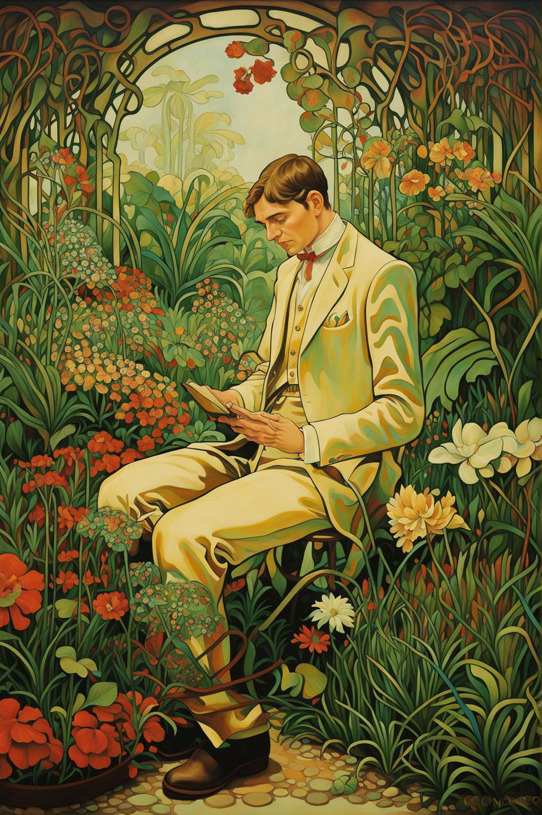 An art nouveau style painting of a man in a lush garden