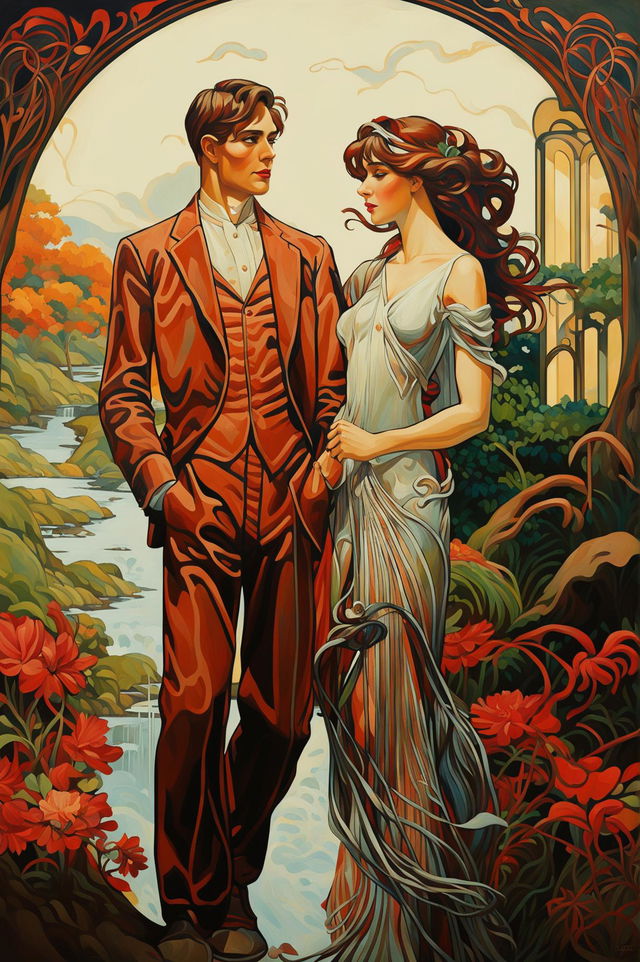 An art nouveau style painting of a man and a woman sharing a moment together, dressed in attire typical of the period