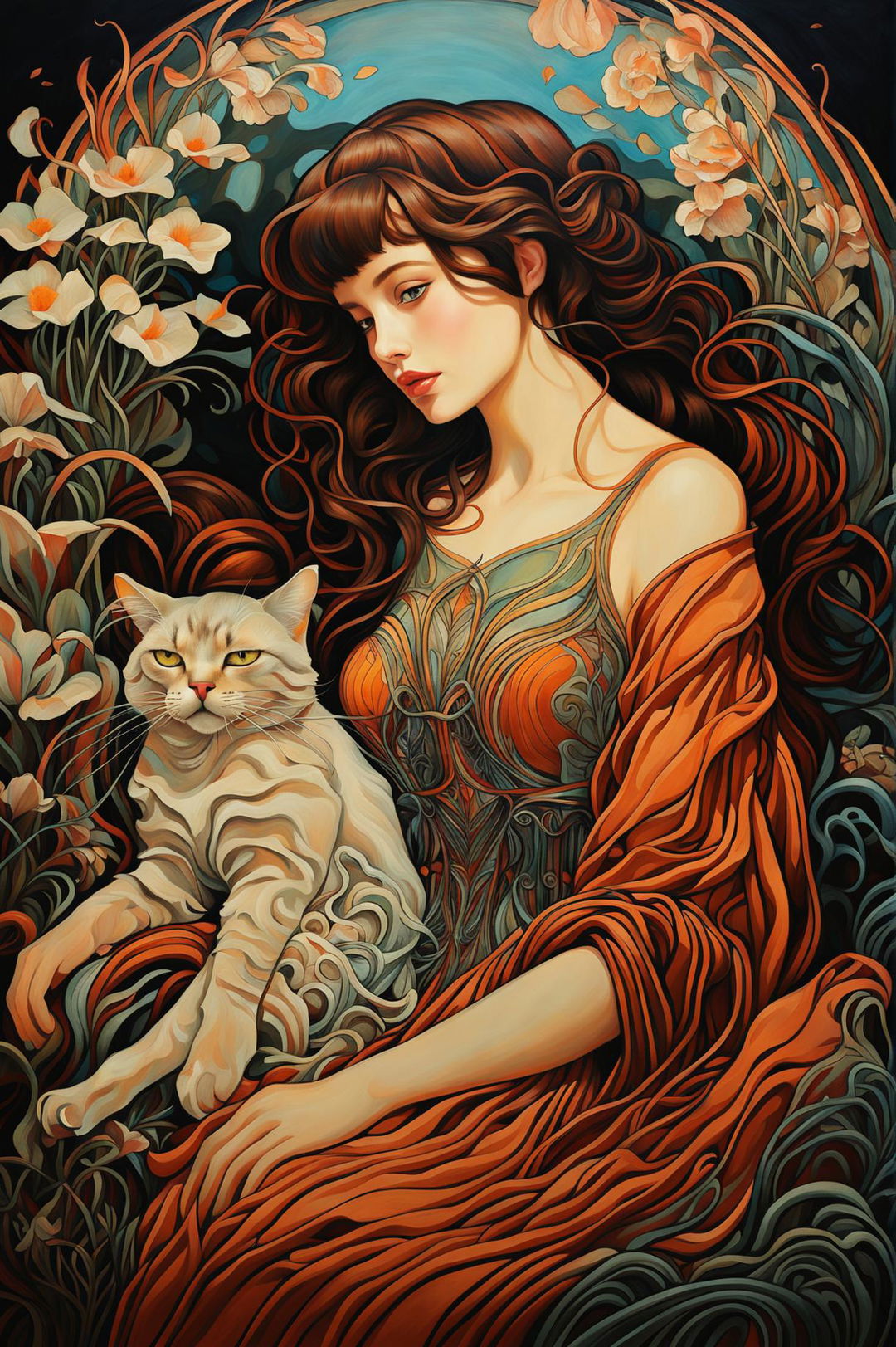 An art nouveau style painting of a woman and a cat sharing a quiet moment together