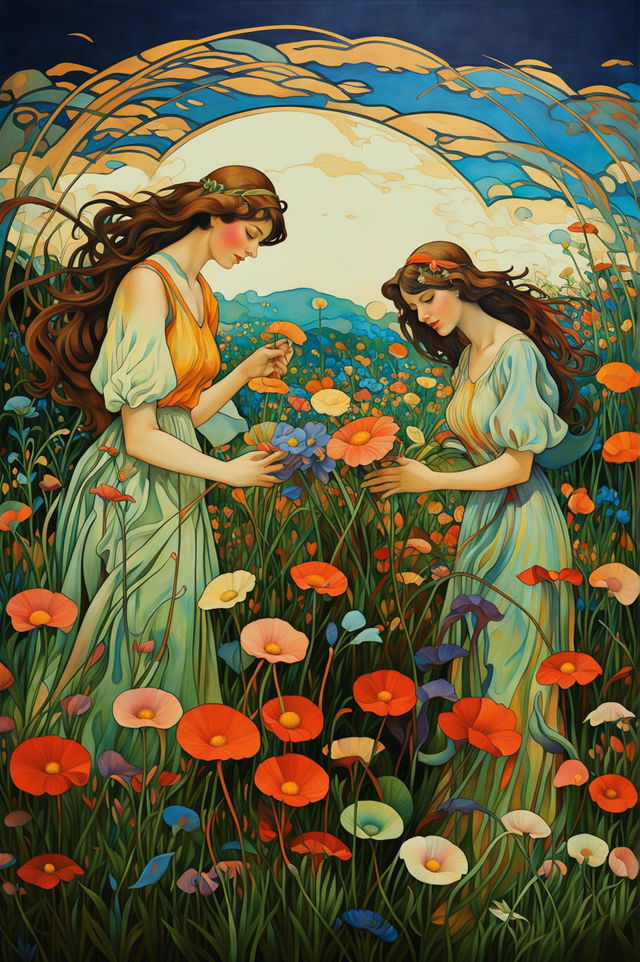 An art nouveau style painting of three women picking flowers in a vibrant meadow