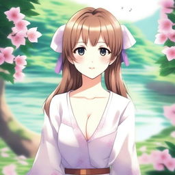 Create an image of a waifu, a charming and attractive female anime character, in a serene and peaceful setting.