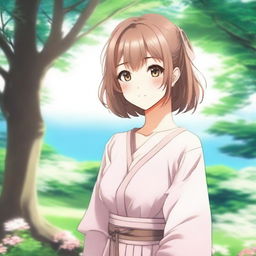 Create an image of a waifu, a charming and attractive female anime character, in a serene and peaceful setting.