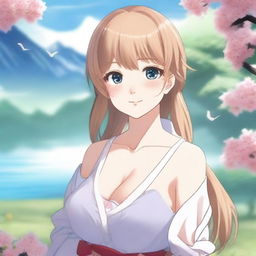 Create an image of a waifu, a charming and attractive female anime character, in a serene and peaceful setting.