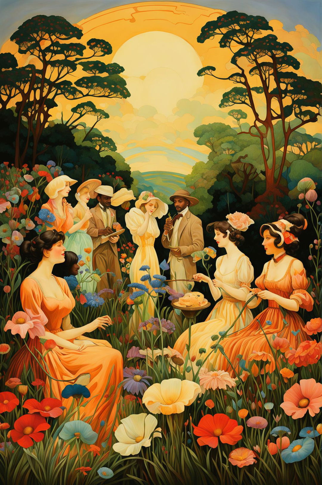 An art nouveau style painting of a festive garden party taking place in a vibrant meadow