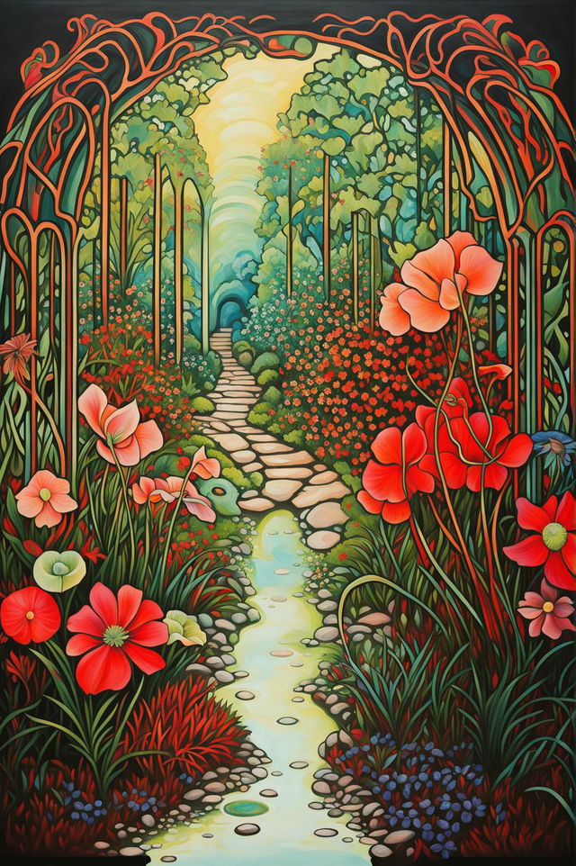 An art nouveau style painting of a lush and vibrant garden