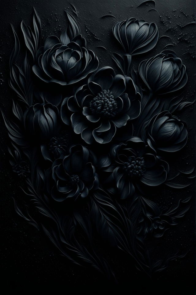 A high-definition image of textured floral art, barely visible in a pitch black setting, with subtly discernible intricate details creating a mysterious atmosphere