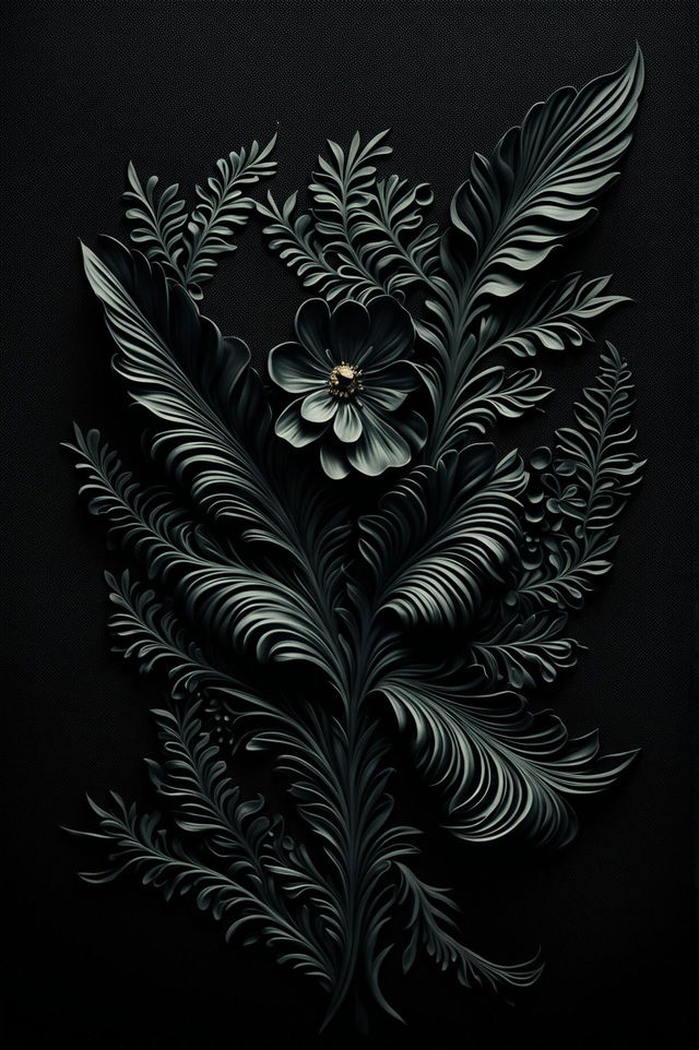 An almost pitch black high-definition image featuring barely visible, detailed textured floral art, creating a sense of mystery and sophistication