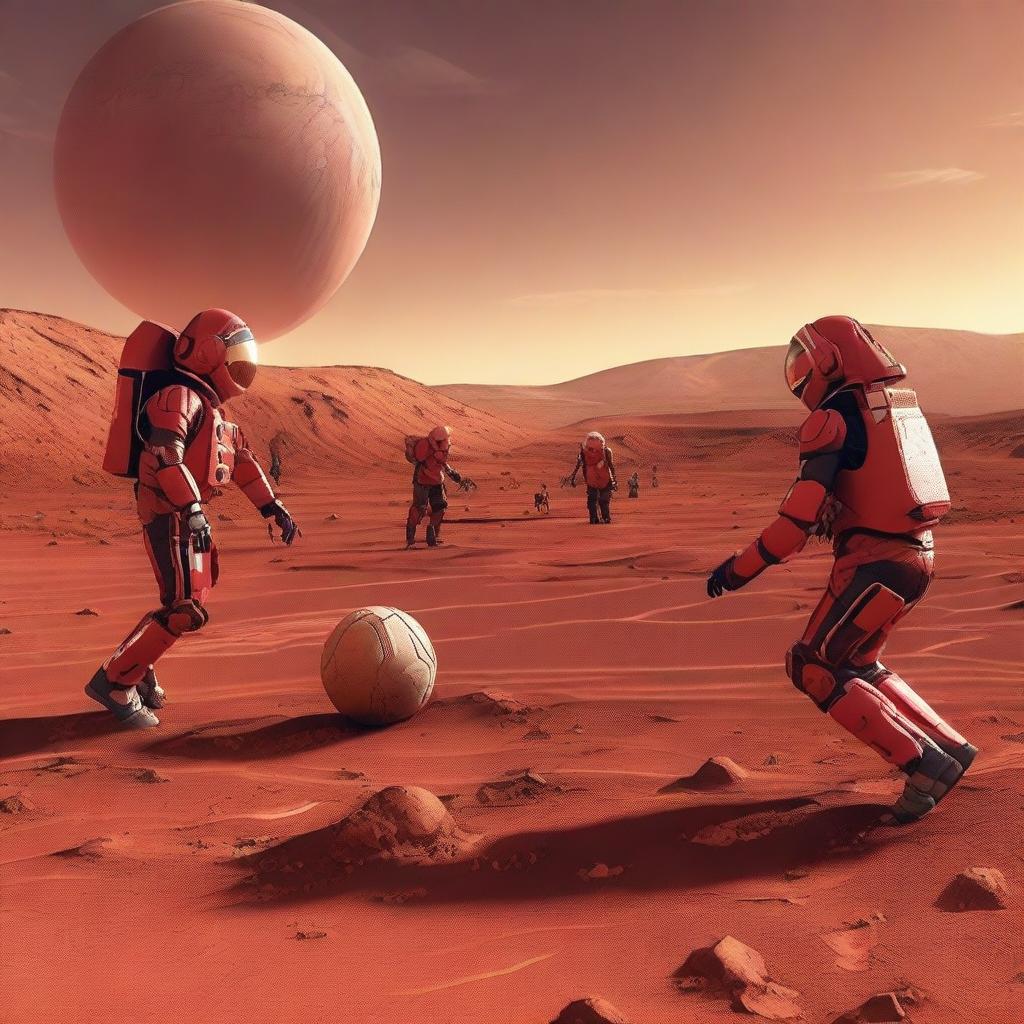 A thrilling football match taking place on the surface of Mars, with the red planet's landscape as the backdrop