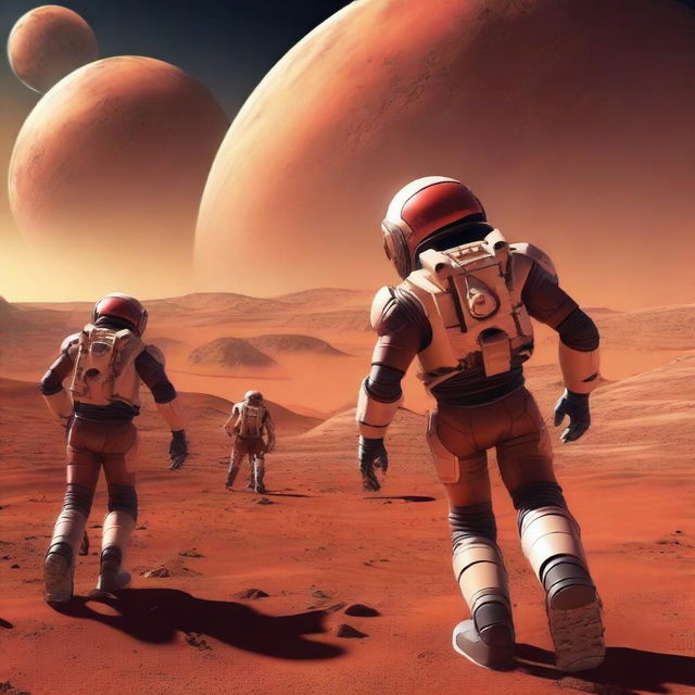 A thrilling football match taking place on the surface of Mars, with the red planet's landscape as the backdrop