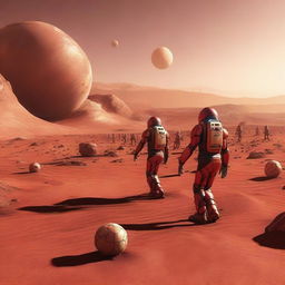 A thrilling football match taking place on the surface of Mars, with the red planet's landscape as the backdrop