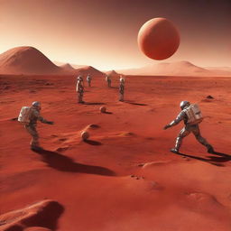 A thrilling football match taking place on the surface of Mars, with the red planet's landscape as the backdrop