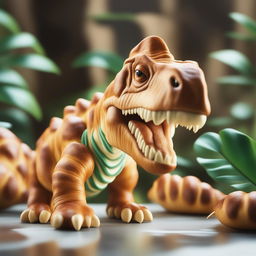 A photorealistic image of a T-Rex with skin made of croissant and a detailed jungle background