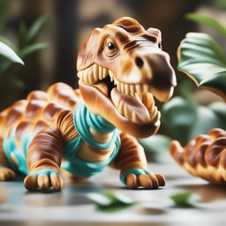 A photorealistic image of a T-Rex with skin made of croissant and a detailed jungle background