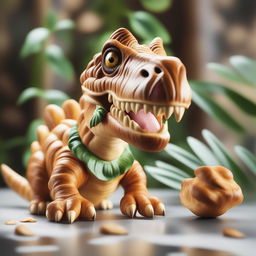 A photorealistic image of a T-Rex with skin made of croissant and a detailed jungle background