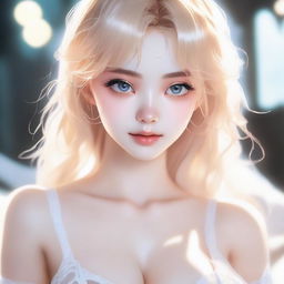 A beautiful woman with bright blonde hair and big alluring anime-style eyes, wearing white lingerie