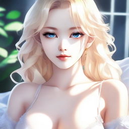 A beautiful woman with bright blonde hair and big alluring anime-style eyes, wearing white lingerie