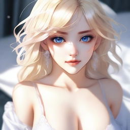 A beautiful woman with bright blonde hair and big alluring anime-style eyes, wearing white lingerie