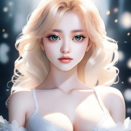 A beautiful woman with bright blonde hair and big alluring anime-style eyes, wearing white lingerie