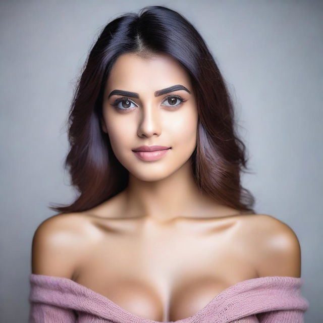 A portrait of an attractive girl with large chest. She has a cute and appealing look.