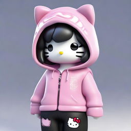 A semi-realistic 3D depiction of Hello Kitty with medium length hair that is split dyed pink and black