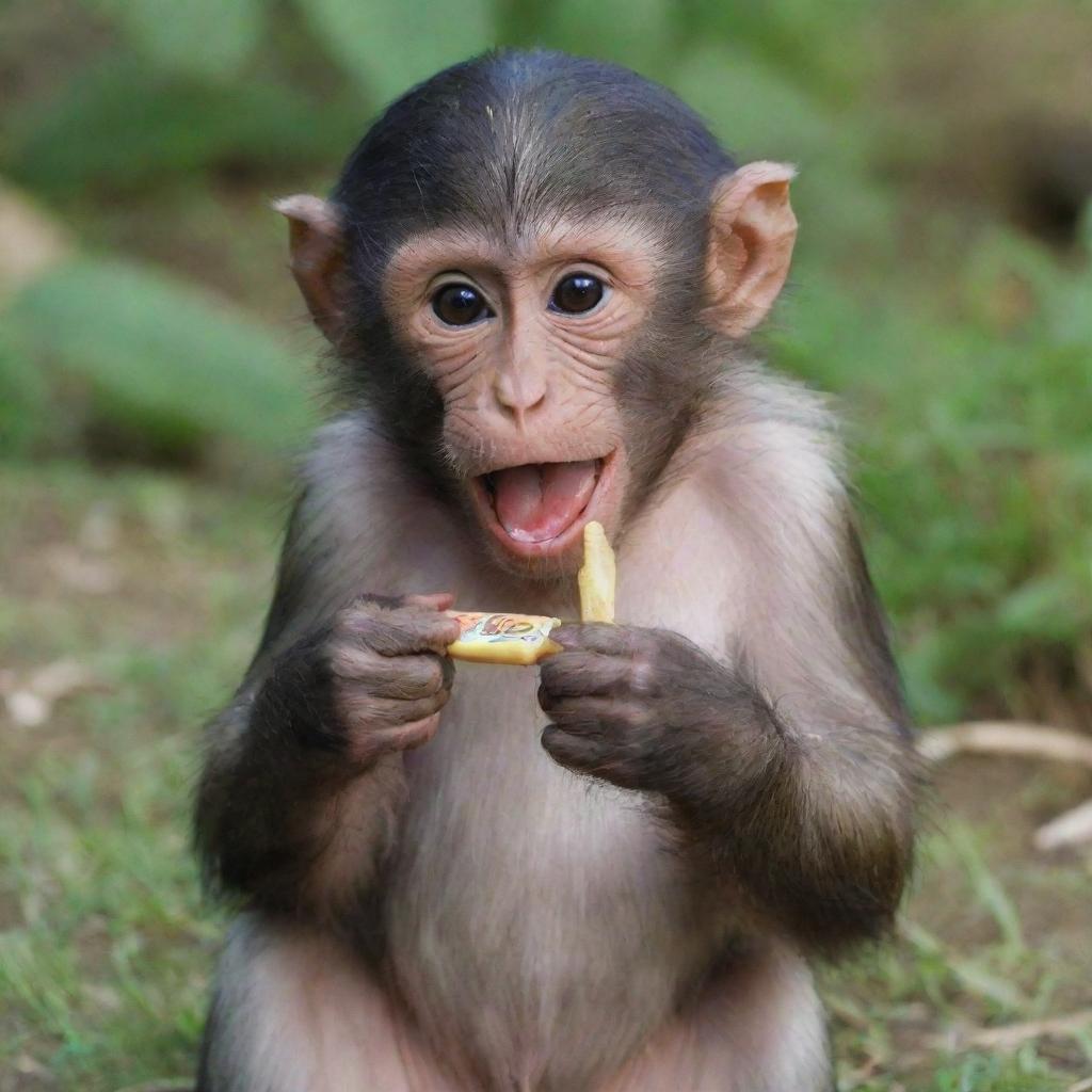 A playful monkey holding a harmless, non-sharp toy razor